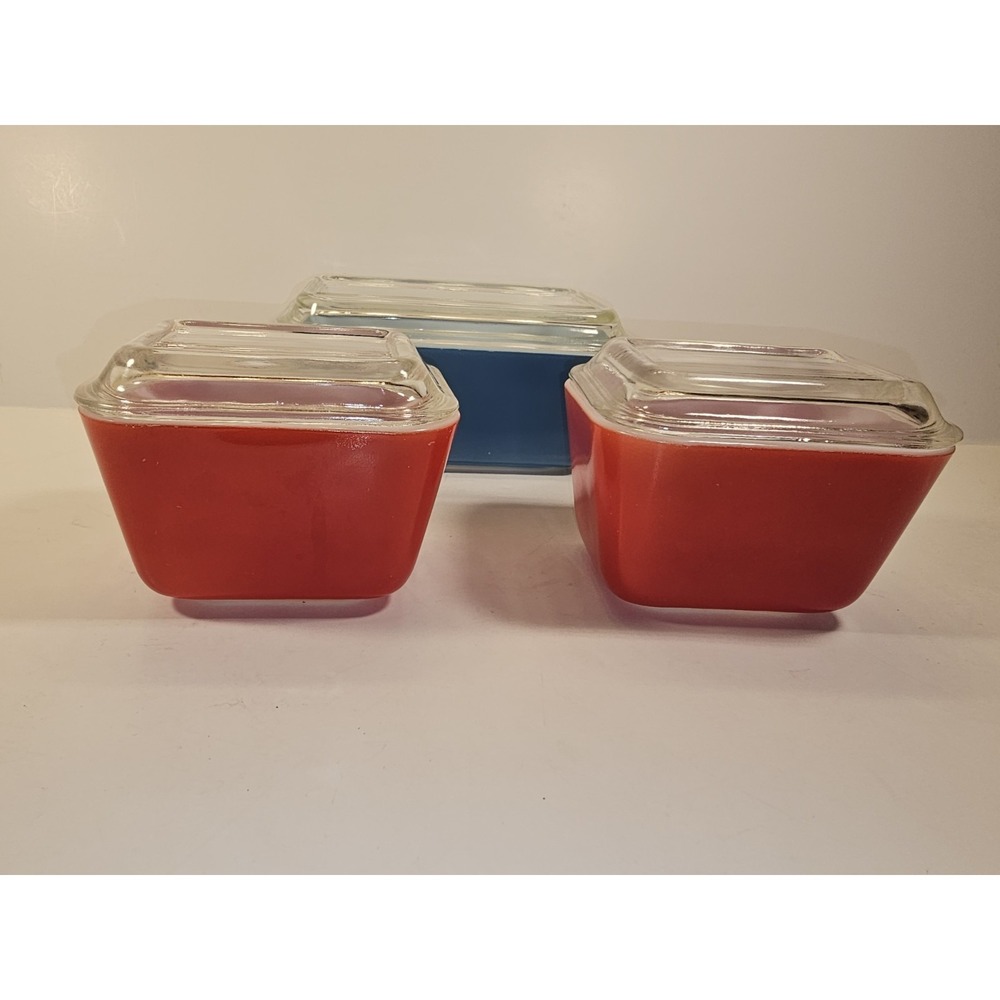 Vintage PYREX Refrigerator Dishes 3 Piece Set W 2 Lids 501, 502 Primary Colors - Picture 4 of 16